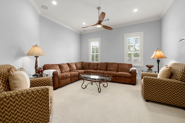 living room with carpet floors, a ceiling fan, and recessed lighting