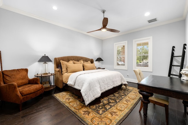 bedroom featuring recessed lighting, visible vents, crown molding, and dark wood-style floors