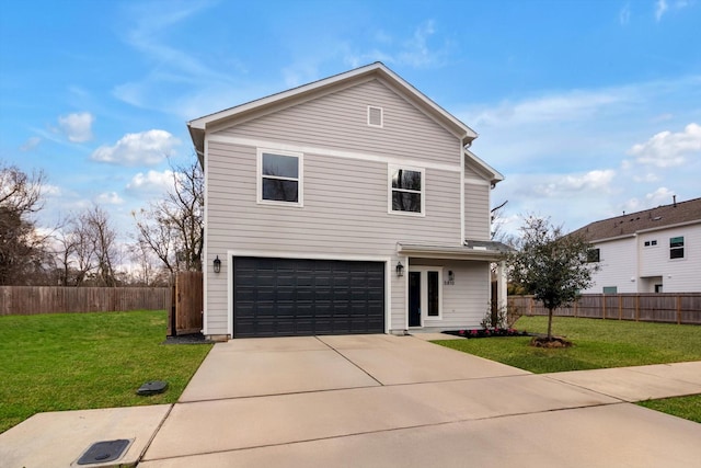 view of front of home with an attached garage, a front lawn, fence, and concrete driveway