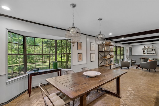 1492 Sleepy Hollow Ln, Canton, TX 75103 - dining space with brick floor, recessed lighting, beam ceiling, and a wealth of natural light