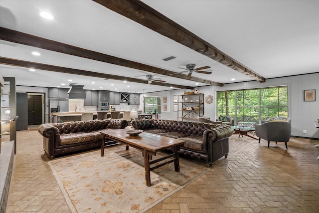 1492 Sleepy Hollow Ln, Canton, TX 75103 - living room with recessed lighting, visible vents, brick floor, beam ceiling, and ceiling fan