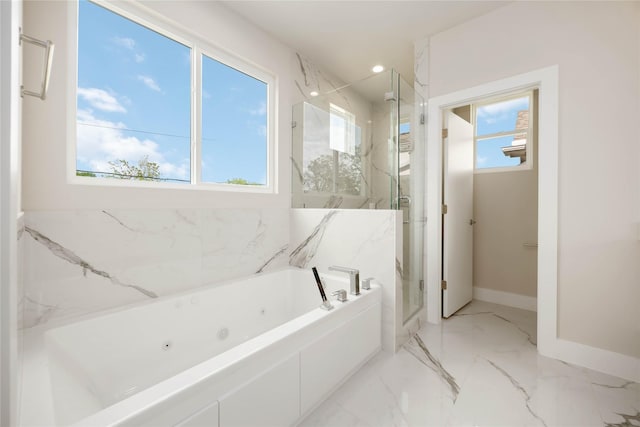 full bath with recessed lighting, marble finish floor, a tub with jets, a marble finish shower, and baseboards