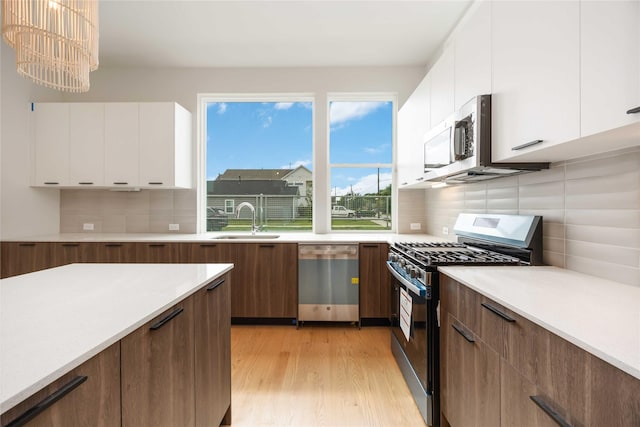 kitchen with light wood finished floors, white cabinets, a sink, tasteful backsplash, and appliances with stainless steel finishes