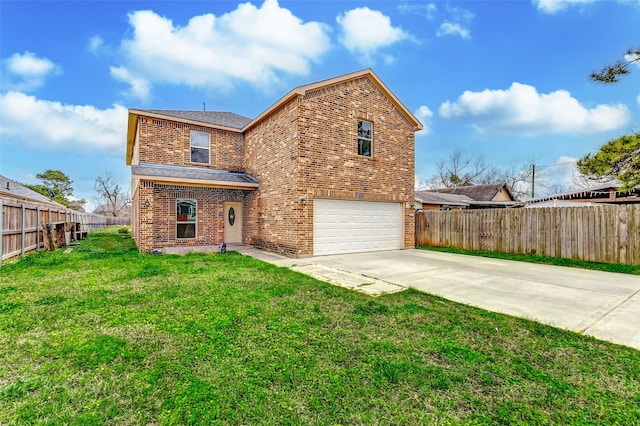 traditional-style home with fence, a front lawn, an attached garage, driveway, and brick siding