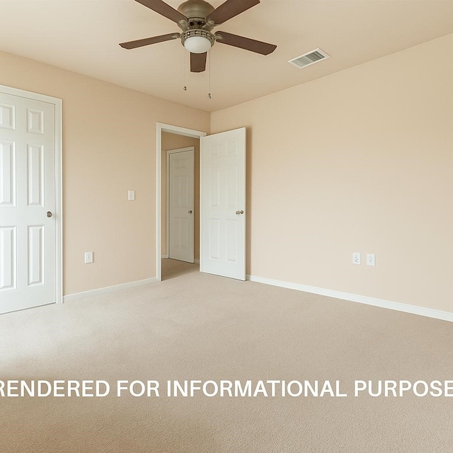 unfurnished bedroom featuring ceiling fan, baseboards, visible vents, and carpet