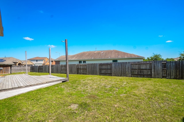 view of yard featuring a fenced backyard and a deck