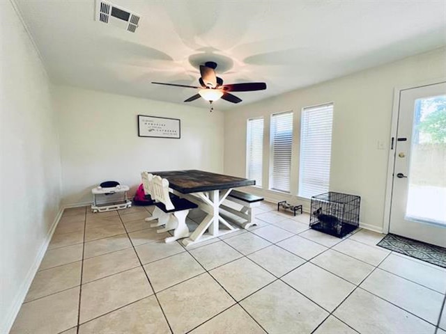 210 Glenbrook St, Vidor, TX 77662 - dining space with visible vents, a ceiling fan, baseboards, and light tile patterned floors
