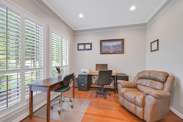 314 Del Monte Dr, Friendswood, TX 77546 - office area featuring recessed lighting, light wood-style floors, and crown molding