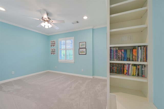314 Del Monte Dr, Friendswood, TX 77546 - empty room featuring carpet flooring, baseboards, visible vents, a ceiling fan, and ornamental molding
