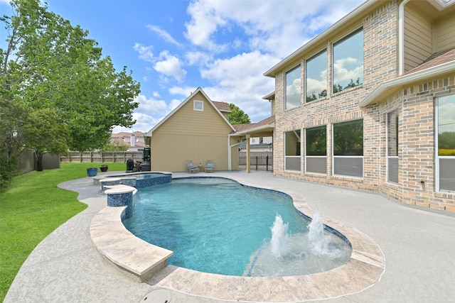 314 Del Monte Dr, Friendswood, TX 77546 - view of pool featuring a patio area, a fenced backyard, a yard, and a pool with connected hot tub