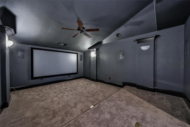 182 River Wilde Dr, Montgomery, TX 77316 - cinema room featuring carpet, ceiling fan, vaulted ceiling, and baseboards