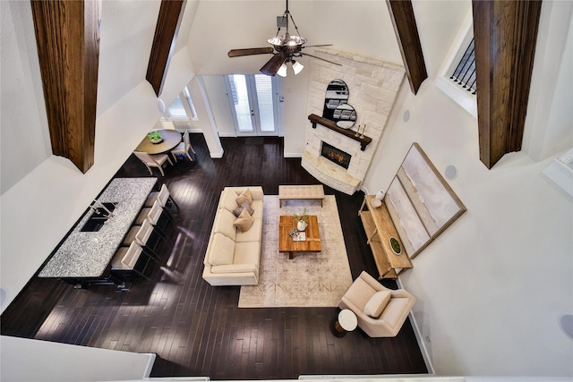 182 River Wilde Dr, Montgomery, TX 77316 - living room with ceiling fan, hardwood / wood-style flooring, beam ceiling, and high vaulted ceiling