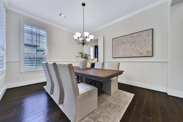 182 River Wilde Dr, Montgomery, TX 77316 - dining area featuring a chandelier, healthy amount of natural light, hardwood / wood-style flooring, crown molding, and baseboards