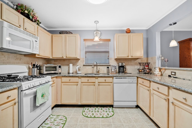 19515 Buckland Park Dr, Katy, TX 77449 - kitchen with decorative backsplash, light brown cabinets, a sink, and white appliances