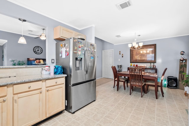 19515 Buckland Park Dr, Katy, TX 77449 - kitchen featuring light brown cabinetry, visible vents, decorative light fixtures, crown molding, and stainless steel refrigerator with ice dispenser