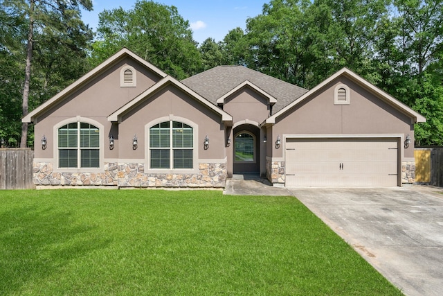 17111 Paluxy Ct, Splendora, TX 77372 - ranch-style home featuring stone siding, stucco siding, driveway, a garage, and roof with shingles
