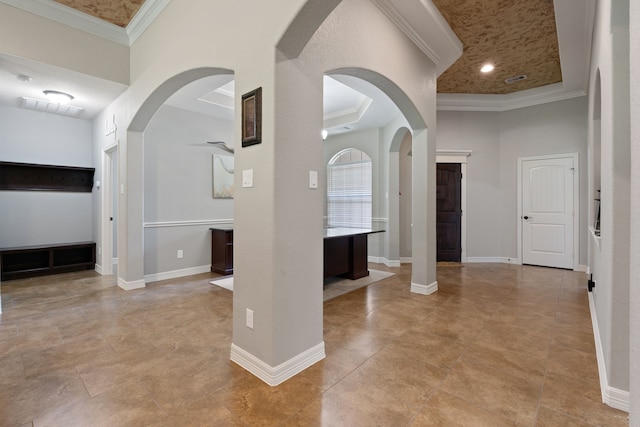 17111 Paluxy Ct, Splendora, TX 77372 - entryway with ornamental molding, arched walkways, baseboards, and light tile patterned floors
