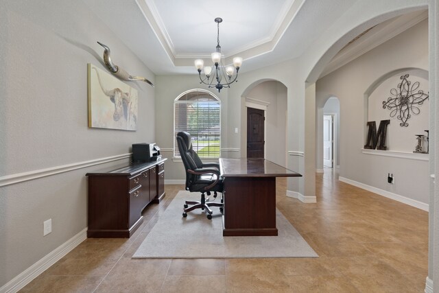 17111 Paluxy Ct, Splendora, TX 77372 - home office with crown molding, a raised ceiling, a chandelier, arched walkways, and light tile patterned floors