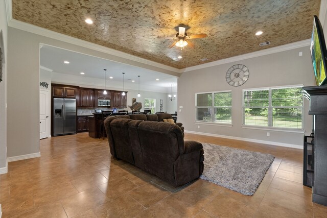 17111 Paluxy Ct, Splendora, TX 77372 - living area featuring ceiling fan, baseboards, light tile patterned floors, recessed lighting, and ornamental molding