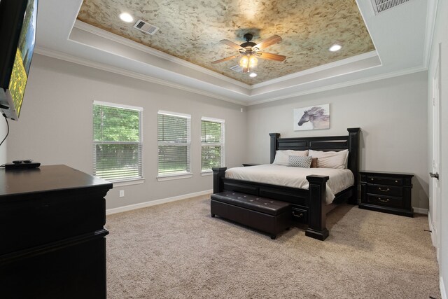17111 Paluxy Ct, Splendora, TX 77372 - bedroom with a raised ceiling, crown molding, light carpet, baseboards, and ceiling fan