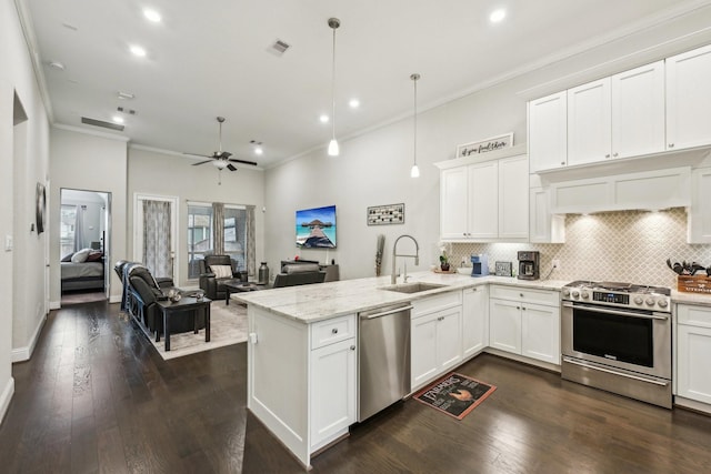 kitchen with stainless steel appliances, ornamental molding, a sink, and a peninsula