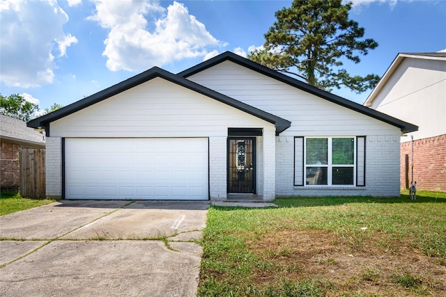 ranch-style house with a front lawn, driveway, fence, a garage, and brick siding