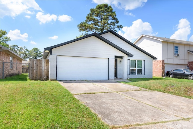 single story home with fence, a front lawn, concrete driveway, brick siding, and a garage