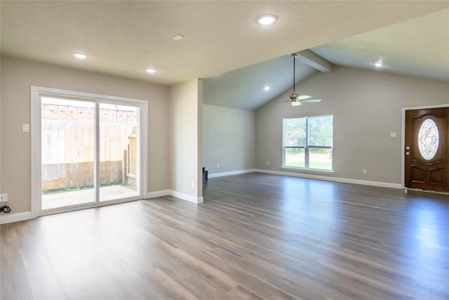 unfurnished living room with a ceiling fan, vaulted ceiling with beams, baseboards, dark wood-type flooring, and recessed lighting