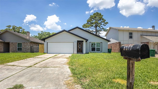 ranch-style house featuring brick siding, a garage, a front lawn, and concrete driveway