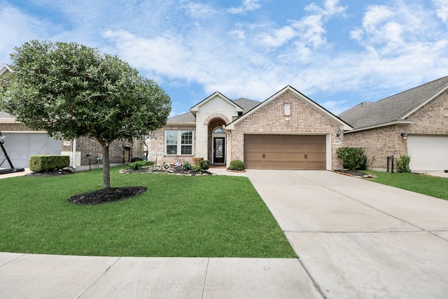 ranch-style home featuring a shingled roof, a front lawn, concrete driveway, an attached garage, and brick siding