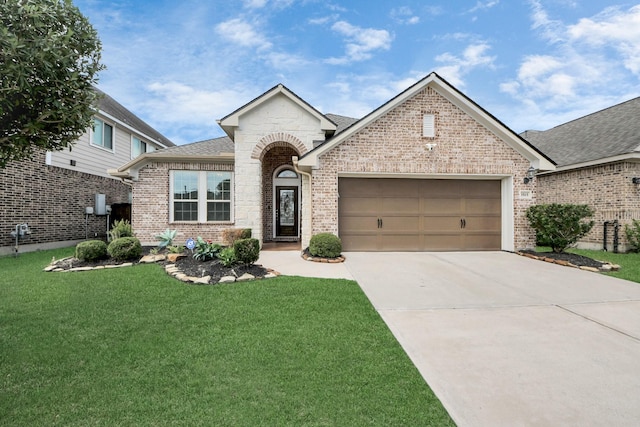 view of front of property with an attached garage, brick siding, a front yard, and concrete driveway
