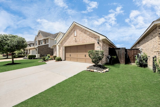 view of front facade featuring a front lawn, driveway, brick siding, and a garage