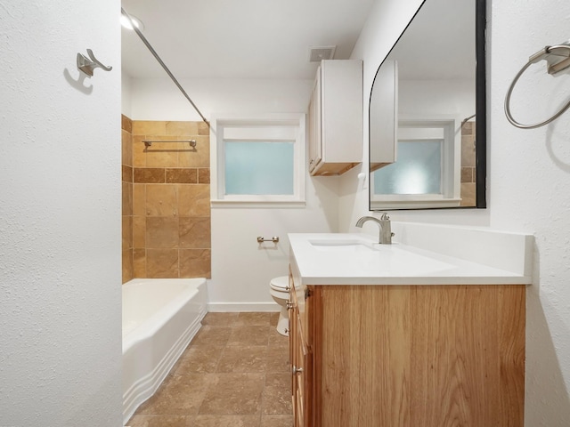 9710 Bassoon Dr, Houston, TX 77025 - bathroom featuring toilet, baseboards, visible vents, washtub / shower combination, and vanity