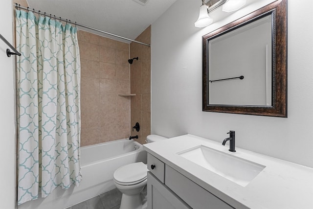 1646 W 13th St, Houston, TX 77008 - bathroom featuring vanity, toilet, shower / bath combination with curtain, a textured ceiling, and tile patterned flooring