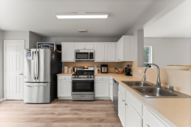 kitchen featuring white cabinets, stainless steel appliances, a sink, visible vents, and light countertops