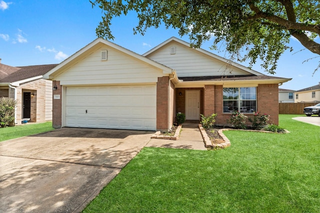 ranch-style home with brick siding, an attached garage, a front lawn, and driveway