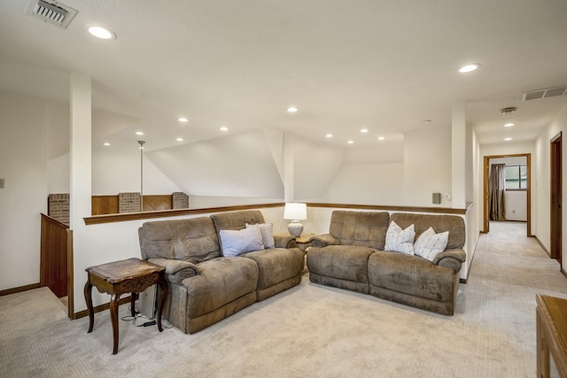 13018 Lentando Ln, Cypress, TX 77429 - living area with light carpet, recessed lighting, baseboards, and lofted ceiling