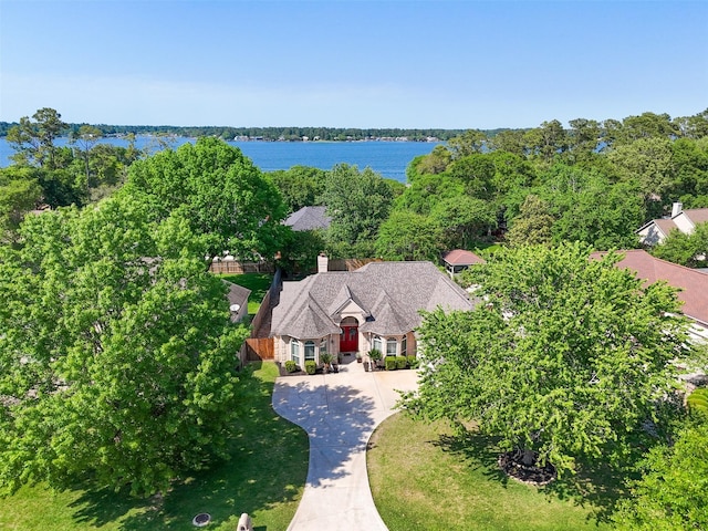 drone / aerial view with a water view