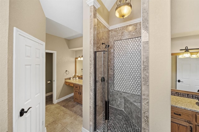 bathroom with vanity, a shower stall, and tile patterned floors