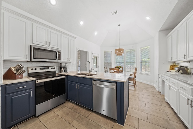 kitchen featuring a peninsula, a sink, stainless steel appliances, white cabinetry, and visible vents