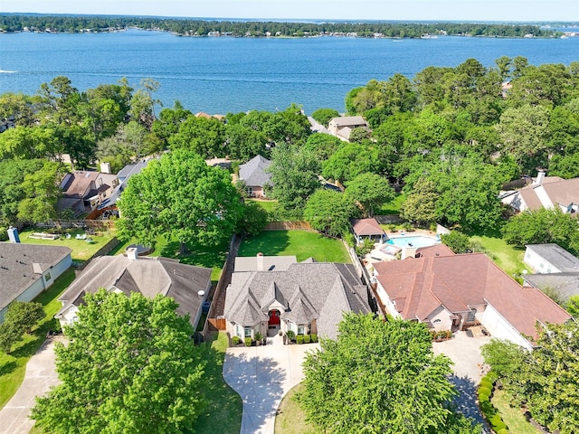 aerial view with a water view and a residential view