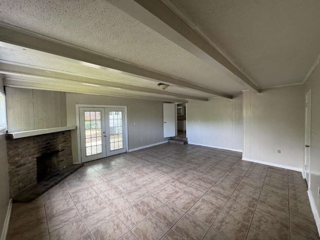 3508 N Robison Rd, Texarkana, TX 75501 - unfurnished living room with a textured ceiling, tile patterned floors, french doors, baseboards, and a brick fireplace