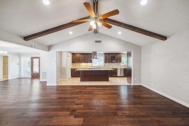 unfurnished living room featuring a ceiling fan, light wood-style flooring, baseboards, and recessed lighting
