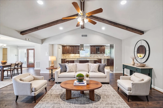 living area with baseboards, a ceiling fan, dark wood-style flooring, recessed lighting, and a chandelier