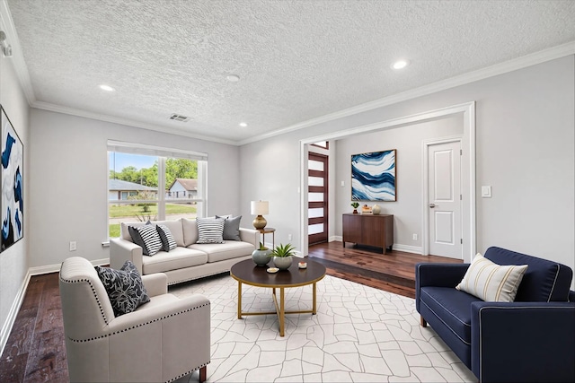 living area featuring light wood-style floors, a textured ceiling, baseboards, and crown molding