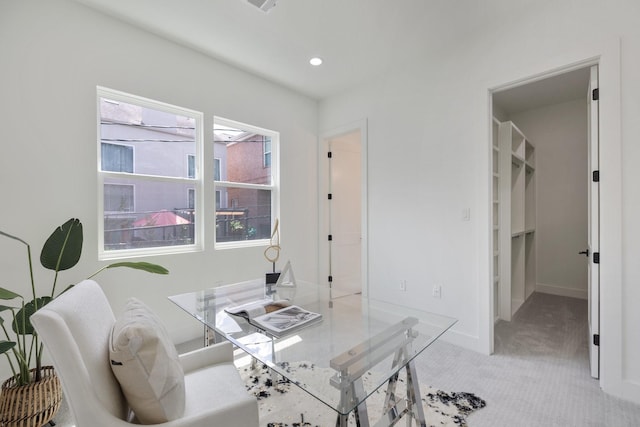 home office featuring baseboards, recessed lighting, and light colored carpet