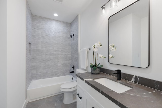 full bathroom with toilet, shower / bathtub combination, visible vents, tile patterned flooring, and vanity