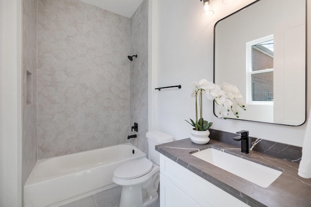 bathroom with shower / bathing tub combination, tile patterned flooring, toilet, and vanity