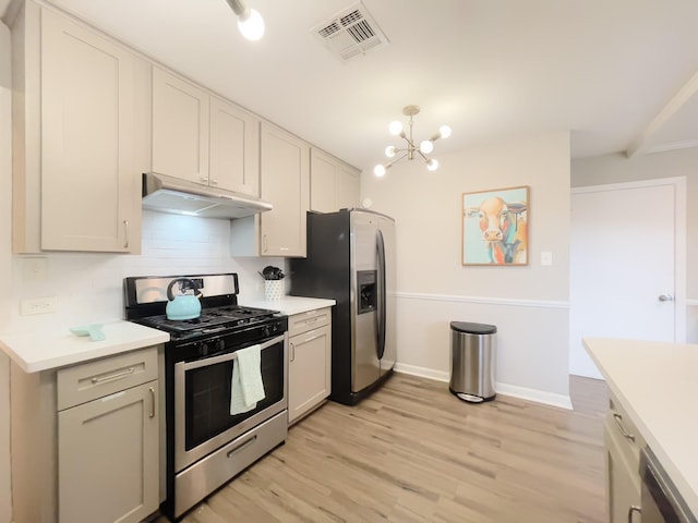 kitchen with light countertops, under cabinet range hood, visible vents, and stainless steel appliances