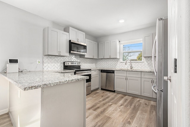 kitchen with stainless steel appliances, a peninsula, light wood-style flooring, a sink, and tasteful backsplash